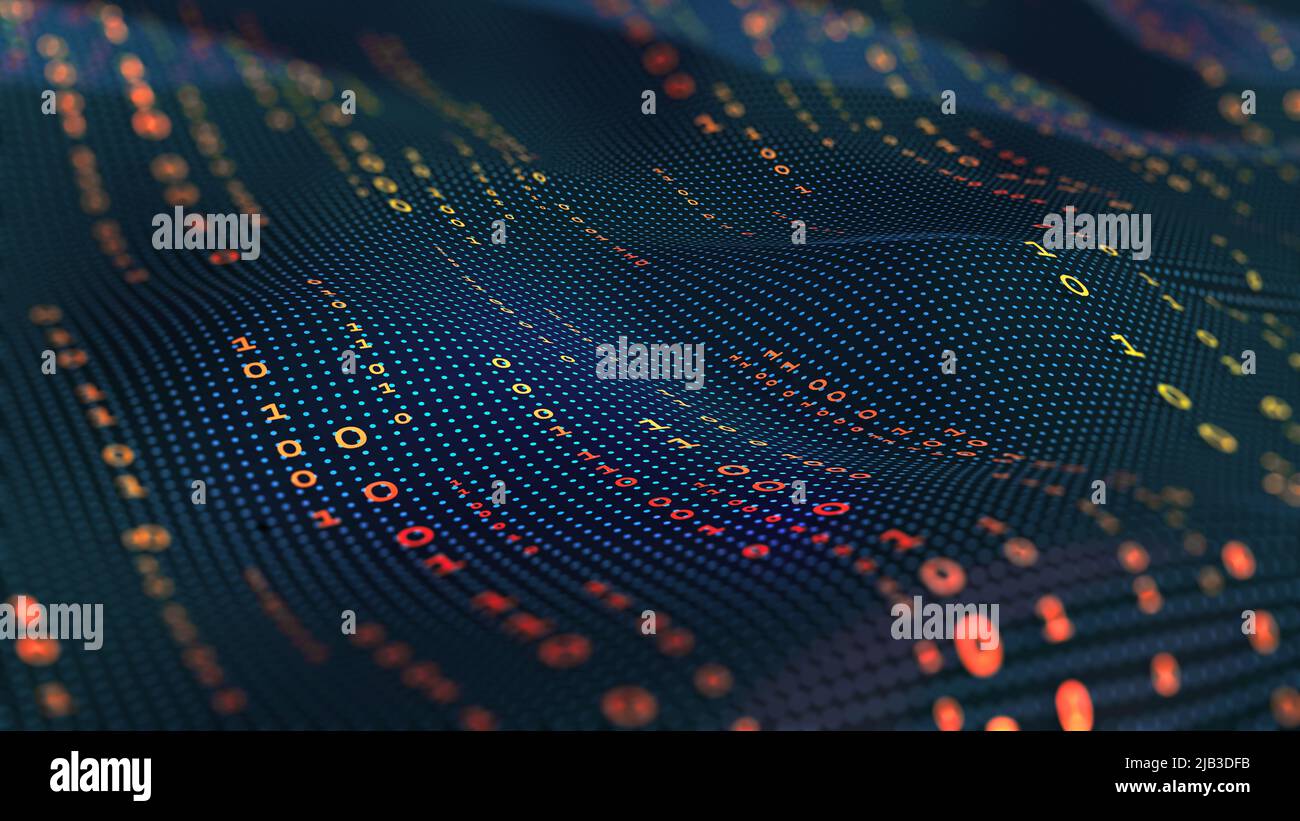 Onde del codice del computer. Big data codice binario. Tecnologie Internet del futuro, il flusso di dati aperti. Trasmissione wireless delle informazioni Foto Stock