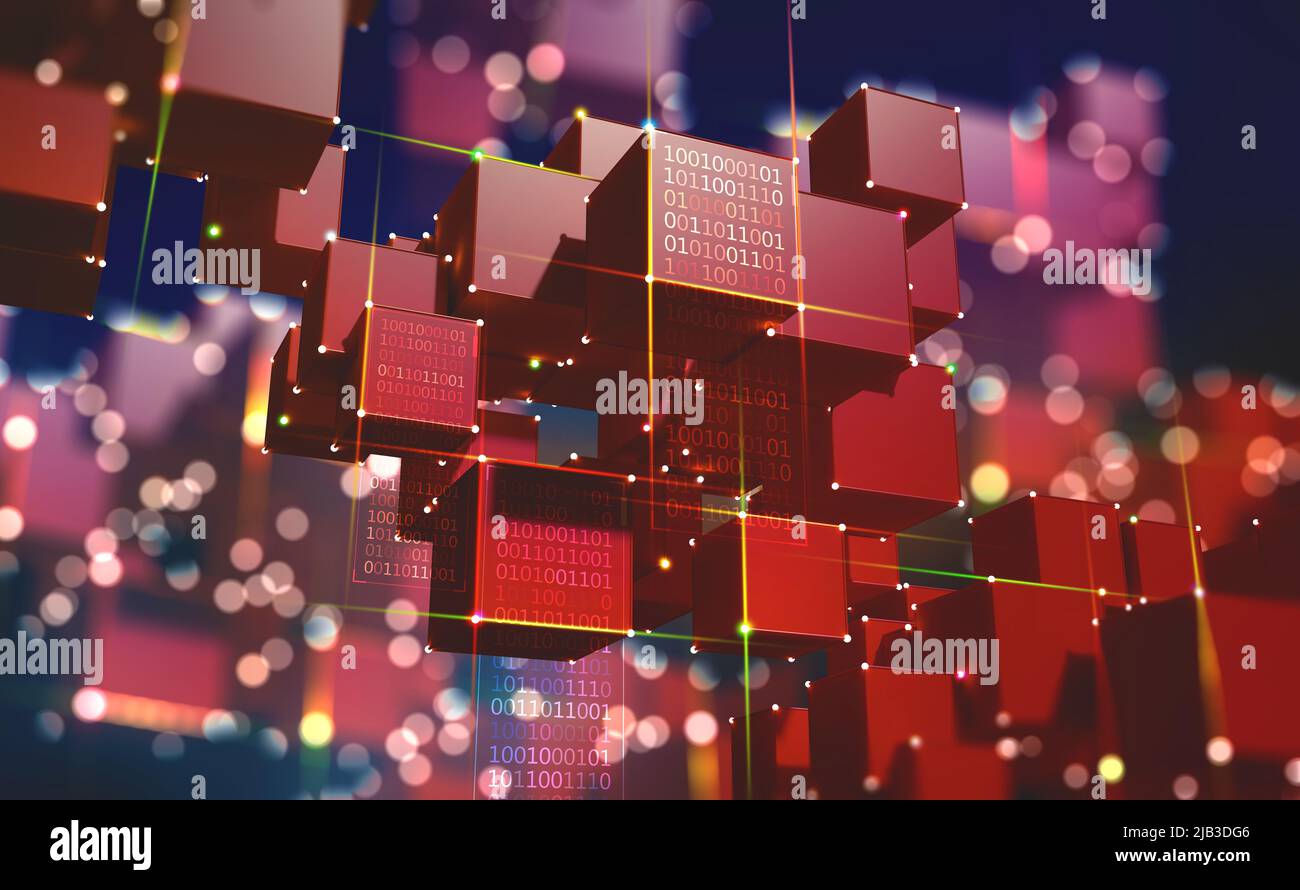 Bloccare la catena. L'architettura globale dello spazio dell'informazione del futuro. 3D illustrazione di una serie di cubi con raggi luminosi al neon di luce Foto Stock