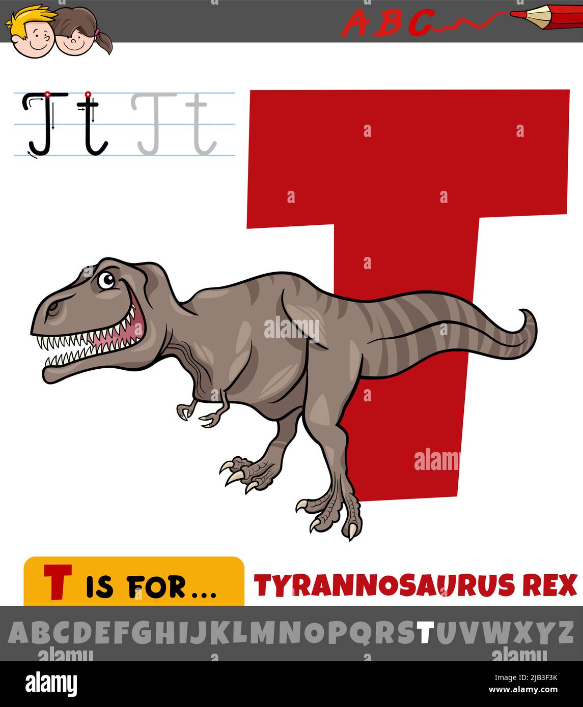 Illustrazione di cartoni animati didattici della lettera T dell'alfabeto con il carattere Tyrannosaurus Rex Illustrazione Vettoriale