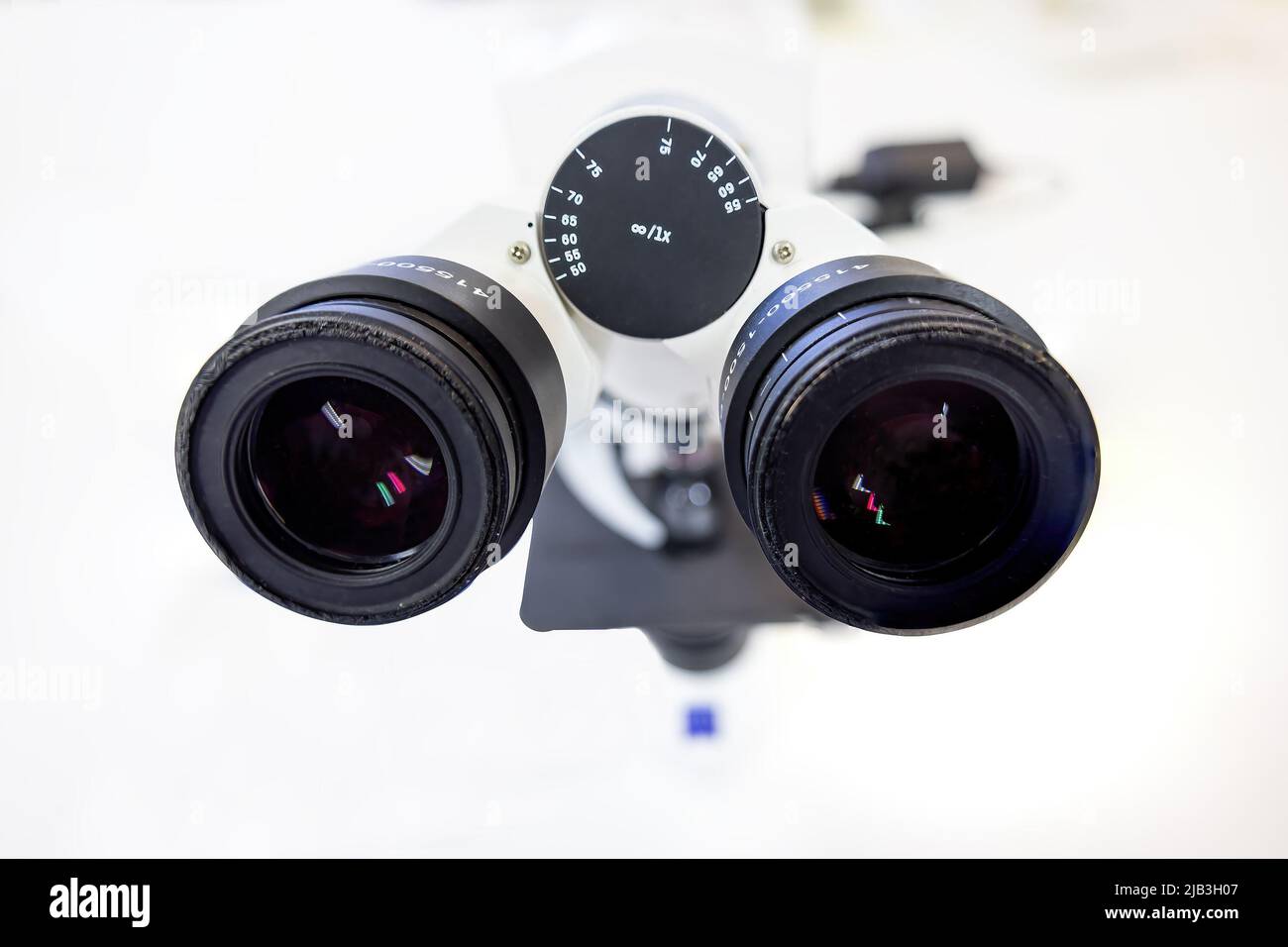 Punto di vista dello sguardo attraverso un microscopio ottico Foto Stock