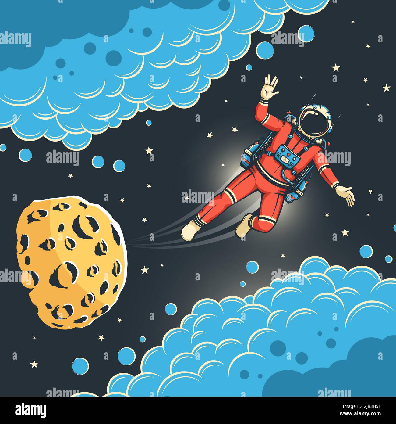 L'astronauta vola nello spazio tra le nuvole Illustrazione Vettoriale