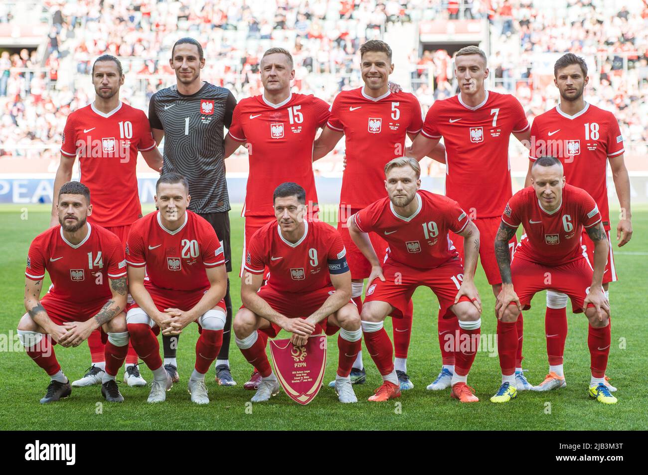 WROCLAW, POLONIA - 1 GIUGNO 2022: UEFA Nations League Division A group 4 match Polonia vs Galles 2:1. Squadra di Polonia. Foto Stock WROCLAW, POLONIA - 1 GIUGNO 2022: UEFA Nations League Division A group 4 match Polonia vs Galles 2:1. Squadra di Polonia. Foto Stock