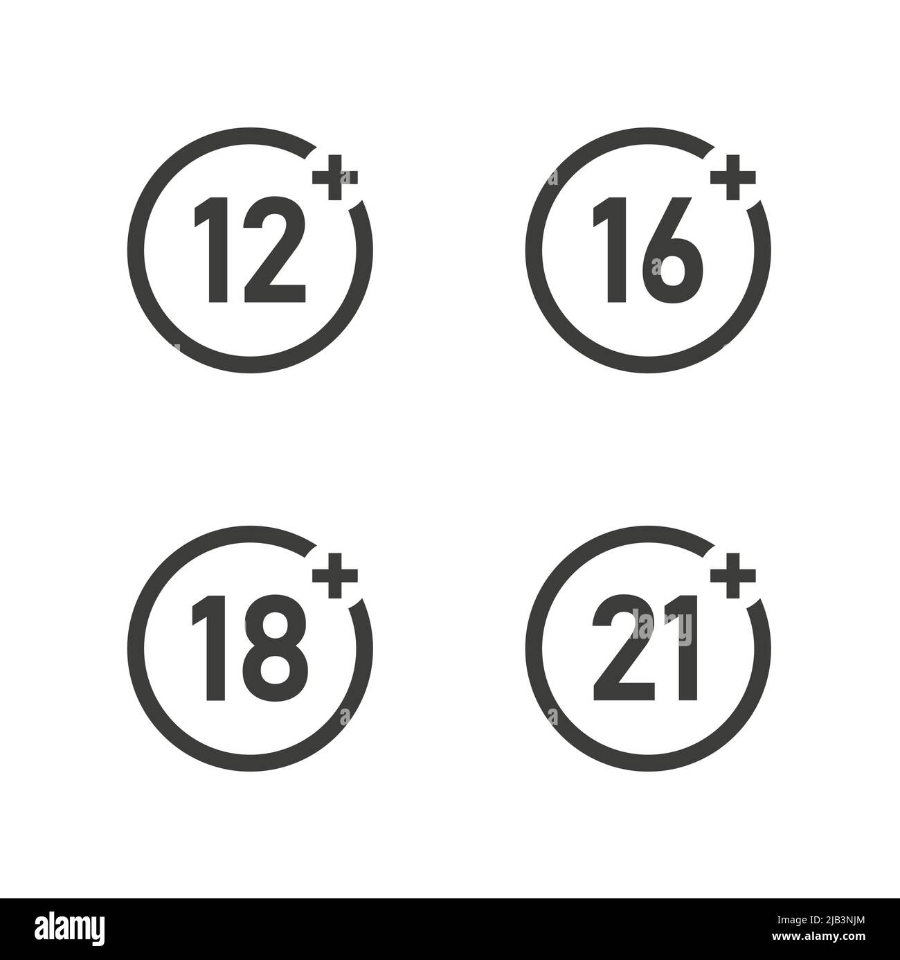 Icona delle limitazioni di età impostata. Vettore su sfondo bianco isolato.12., 16, 18, 21 Illustrazione Vettoriale