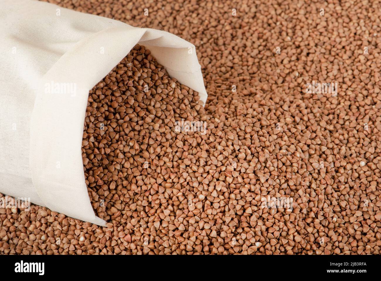 Raccolto di grano saraceno. Poveri raccolti agricoli, carenze alimentari, fame nel mondo. Un sacco di grano saraceno su sfondo marrone Foto Stock