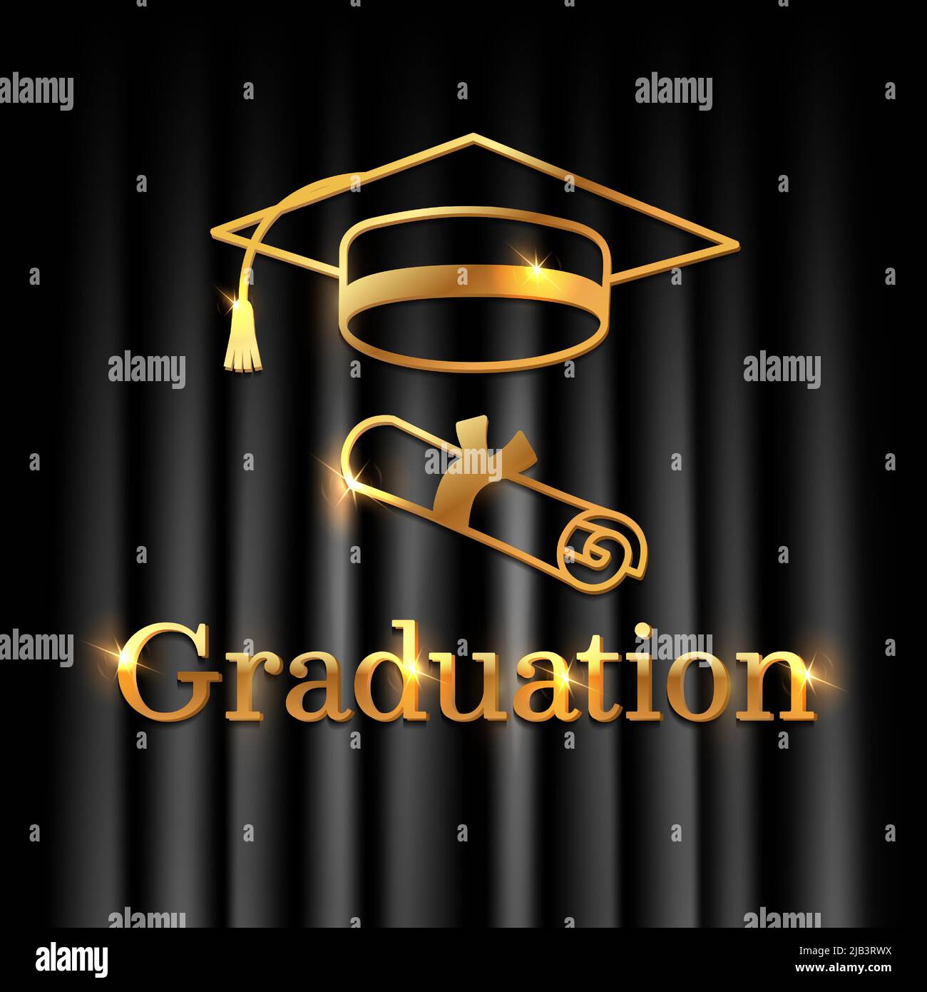 Poster dorato brillante per la laurea con testo, cappello, diploma su sfondo scuro. Colore nero e oro. Illustrazione vettoriale. Illustrazione Vettoriale