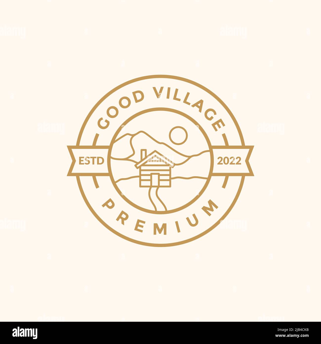 linea badge con casa legno villaggio logo design vettore grafico simbolo icona illustrazione idea creativa Illustrazione Vettoriale