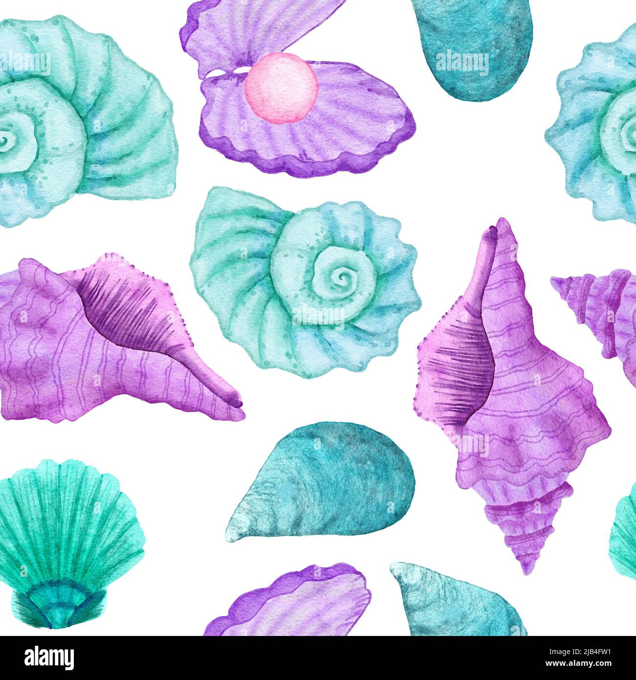 Acquerello disegno a mano senza cuciture con subacquei marini animali nautici conchiglie pesci. Porpora blu cavalluccio marino alghe meduse, mare mare estate vacanza spiaggia sfondo, tessuto stampa turchese Foto Stock