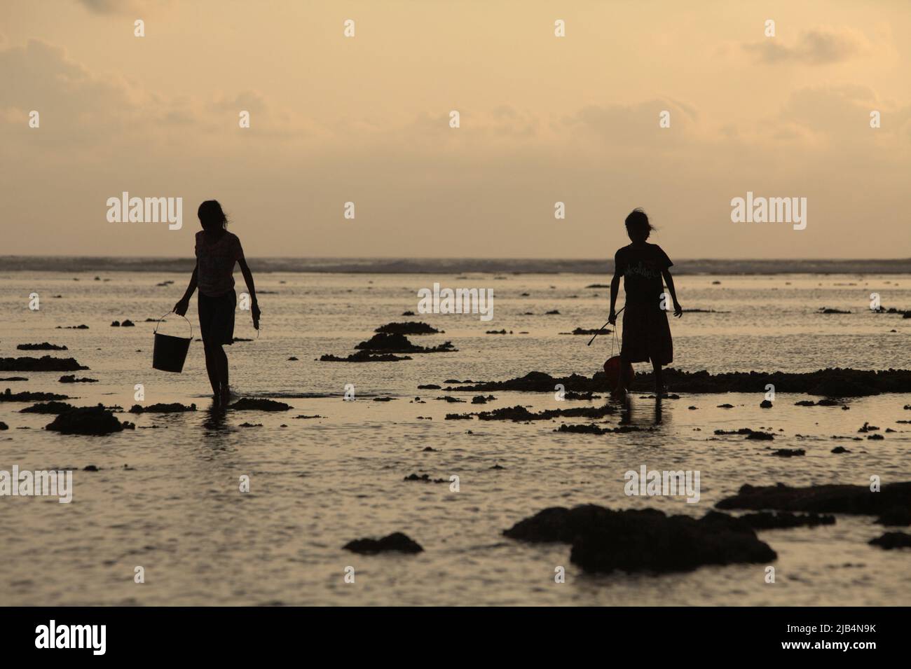 Le giovani donne si sono sfarzate mentre camminano su una spiaggia rocciosa durante la bassa marea, trasportando secchi di plastica per raccogliere i prodotti del mare, una fonte alternativa di cibo stagionale a Sumba Island, East Nusa Tenggara, Indonesia. Foto Stock