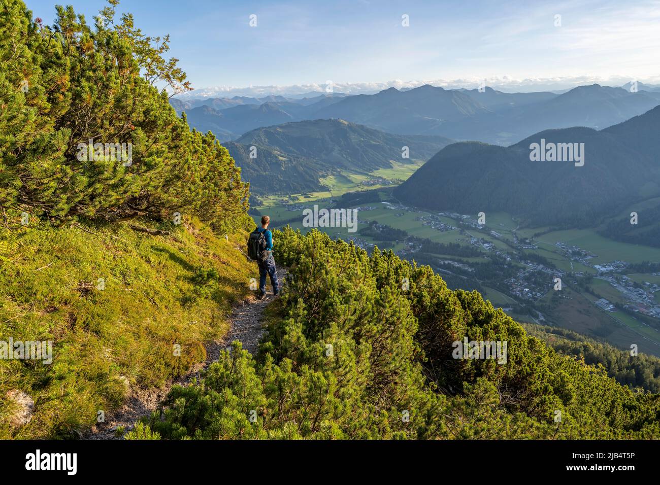 Escursionista sul sentiero tra pini di montagna, discesa da Heimkehrerkreuz, Nuaracher Hoehenweg, Lofer Steinberge, Tirolo, Austria Foto Stock