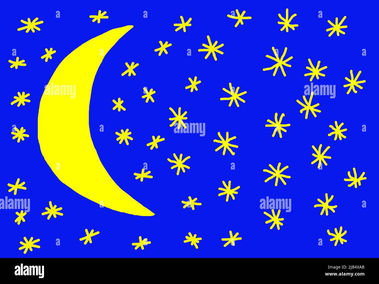 Illustrazione, disegno Childrens, Luna Crescent con cielo stellato Foto Stock