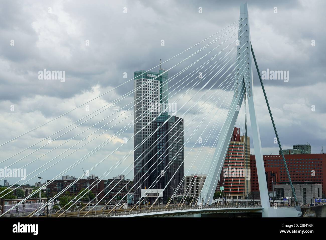 Il ponte Erasmus di Rotterdam, lungo 802 metri, architetto Van Berkel & Bos, con grattacieli, 25,5.22, Rotterdam, Paesi Bassi. Foto Stock