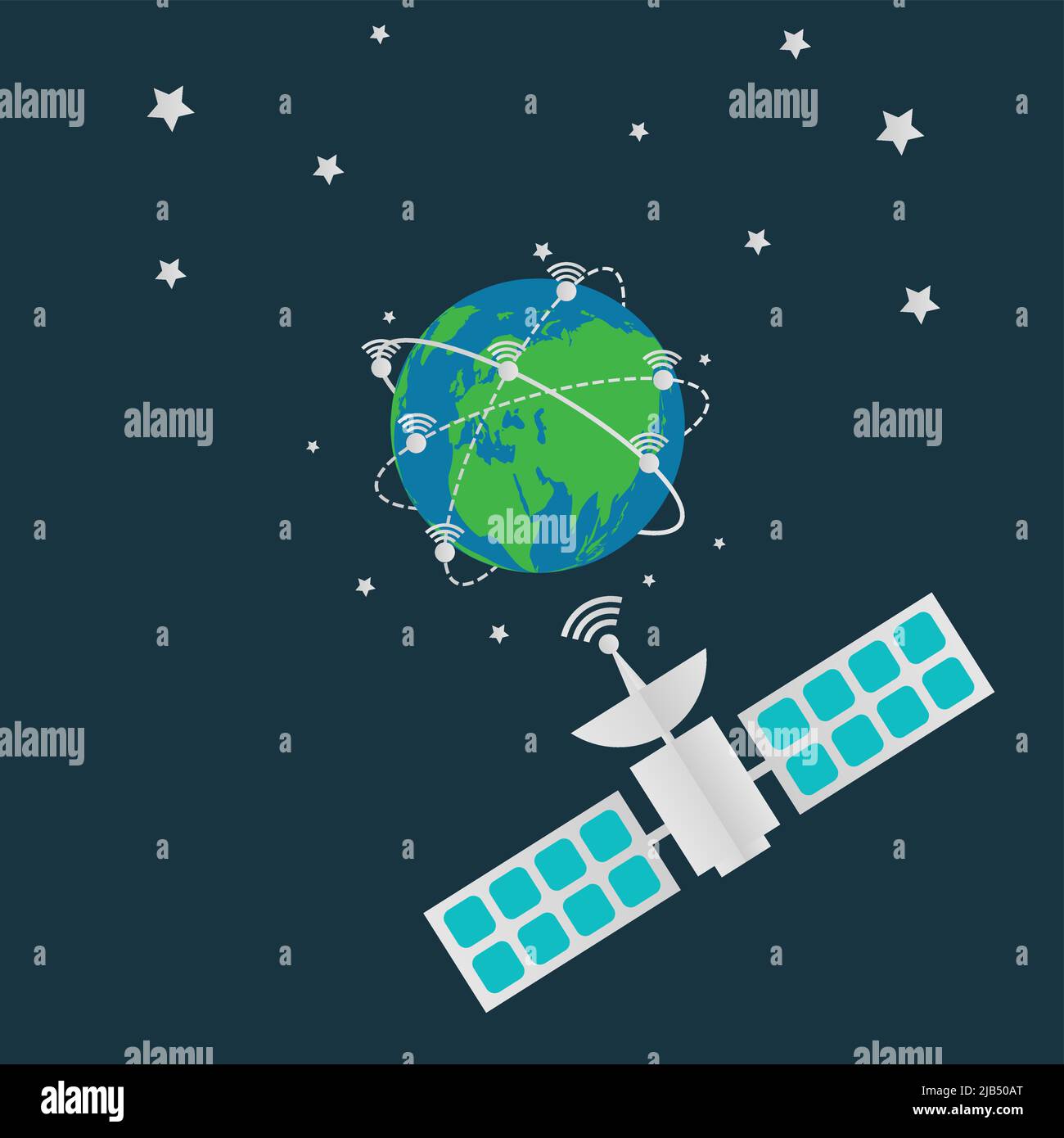 Satelliti di comunicazione in orbita terrestre, antenna digitale terrestre di trasmissione gira intorno al mondo.illustrazione vettoriale Illustrazione Vettoriale