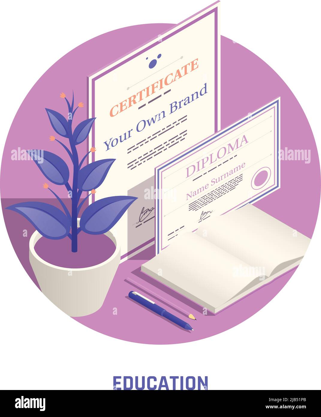 Auto promozione personale marcare a caldo strategie educazione circolare composizione isometrica con marketing diploma certificato ufficiale vettore illustre Illustrazione Vettoriale