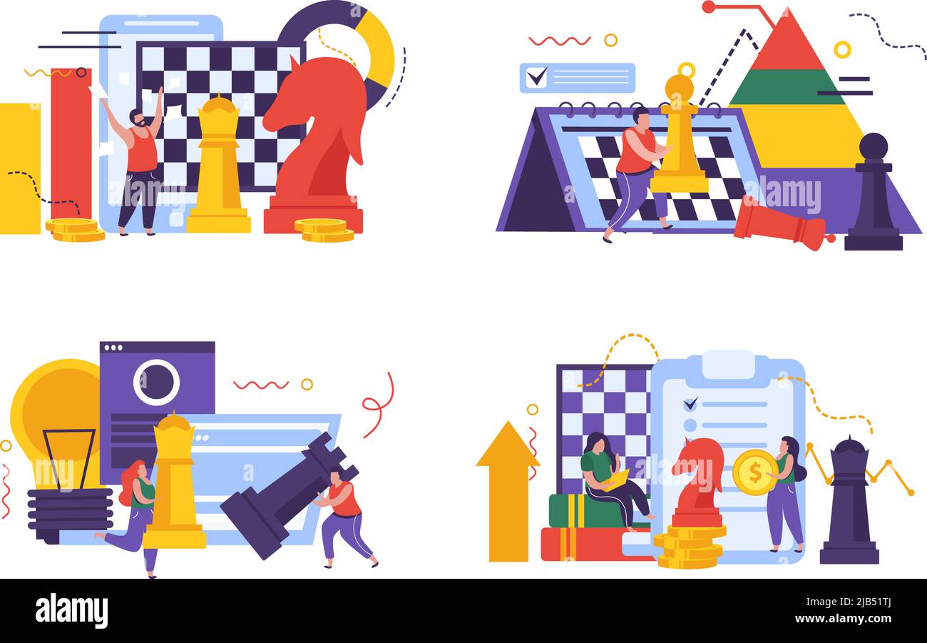 Business strategia concetto icone insieme con simboli scacchi piatta isolato vettore illustrazione Illustrazione Vettoriale