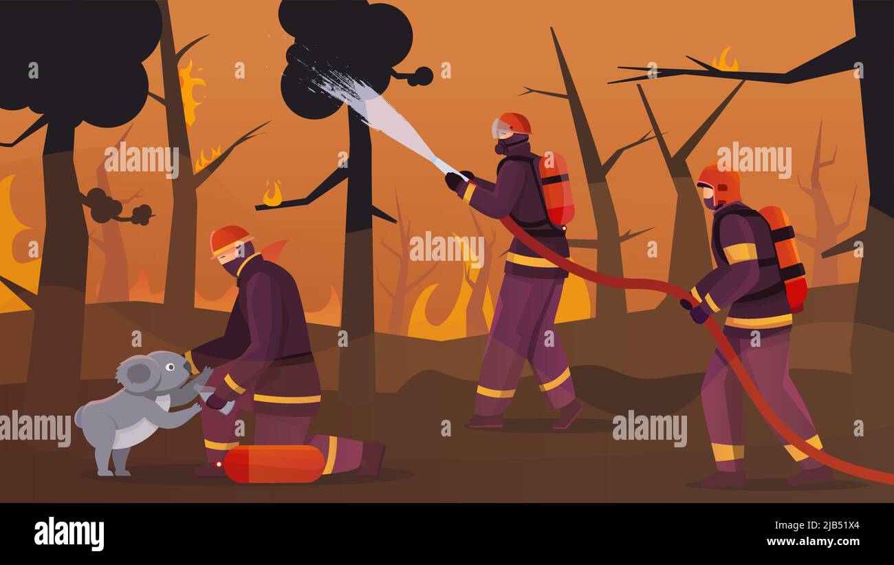 Composizione pianeggiante della foresta dei vigili del fuoco con scenario all'aperto di alberi della foresta brucianti con illustrazione vettoriale dell'equipaggio dei vigili del fuoco Illustrazione Vettoriale