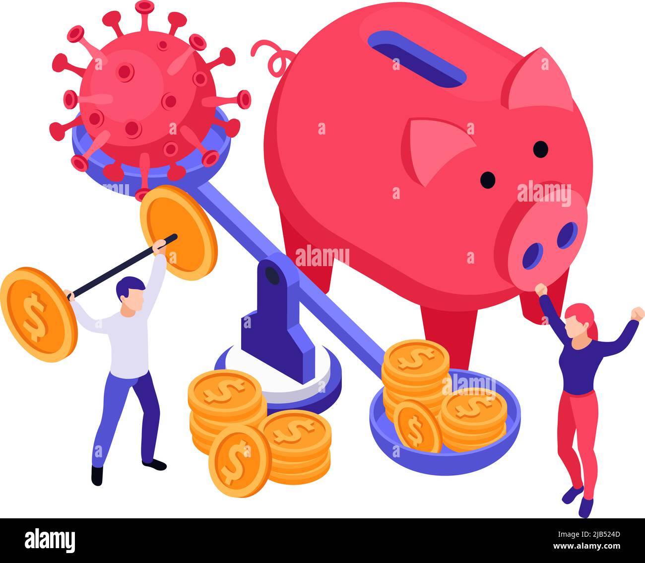 Recupero economico di business composizione isometrica con immagini di pesi con monete e batteri virus con illustrazione vettoriale di Moneybox Illustrazione Vettoriale