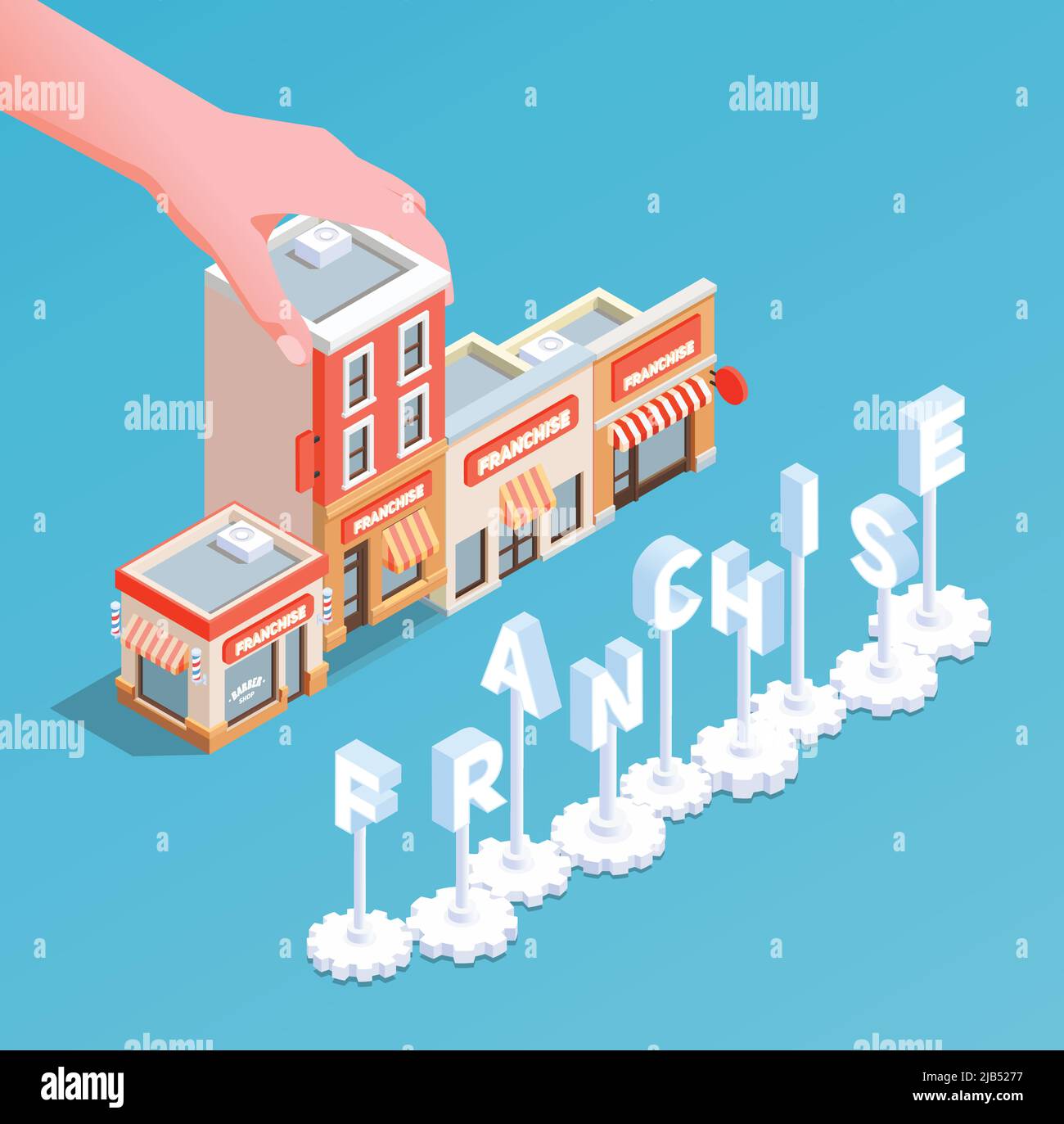 Franchising concetto isometrico con business e finanza simboli illustrazione vettoriale Illustrazione Vettoriale