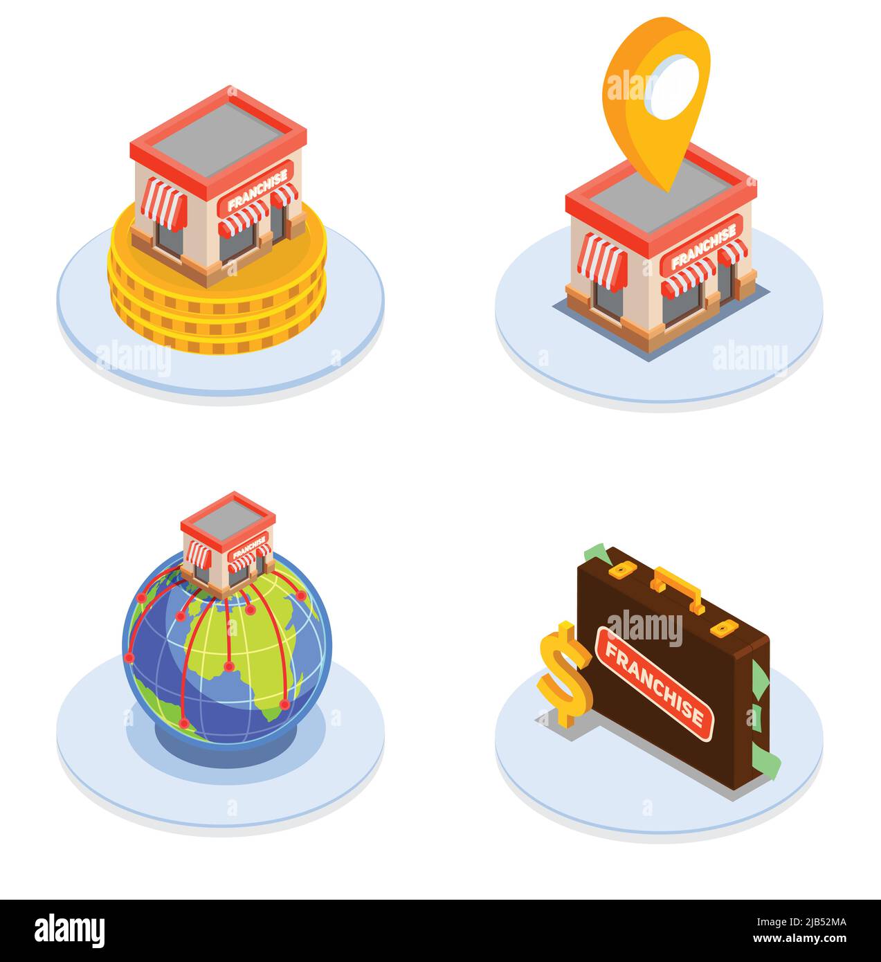 Icone isometriche di franchising e finanza impostate con simboli di business plan illustrazione vettoriale Illustrazione Vettoriale