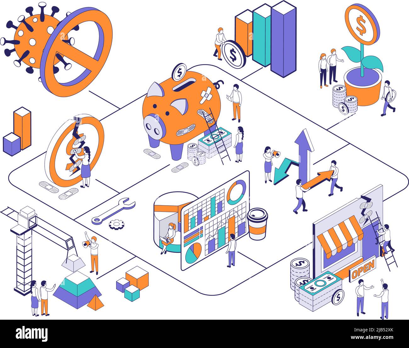 Composizione isometrica per il recupero economico delle imprese con immagini di storefroni di virus e icone finanziarie combinate in un'illustrazione vettoriale a diagramma di flusso Illustrazione Vettoriale