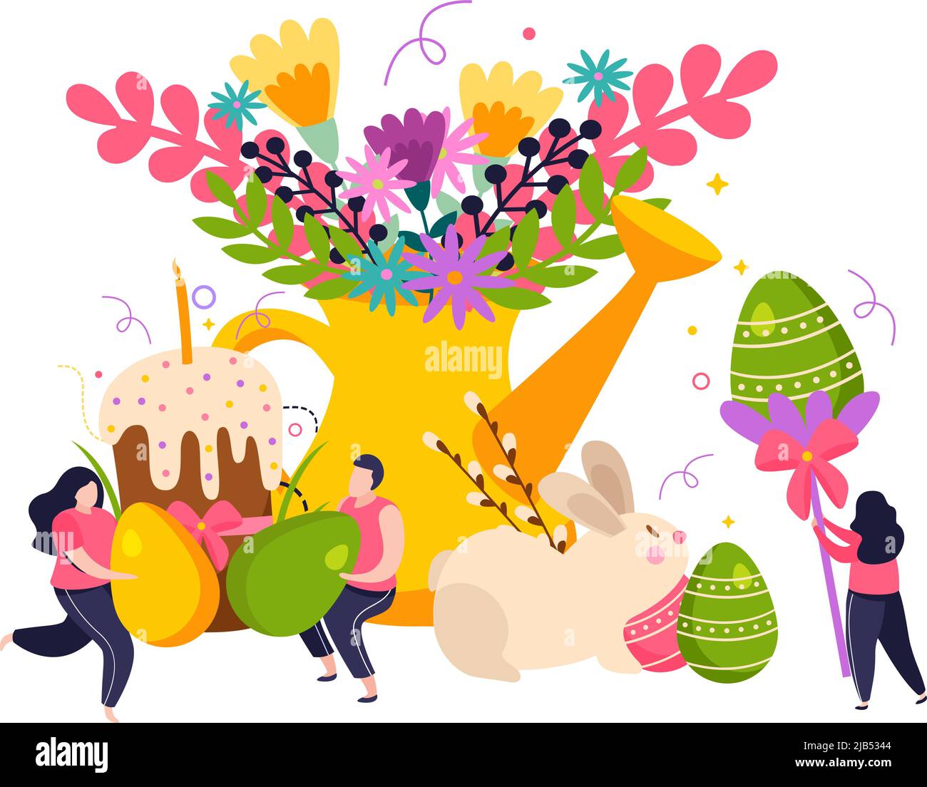 Composizione piatta per le vacanze di Pasqua con uova colorate fiori e torta illustrazione vettoriale Illustrazione Vettoriale