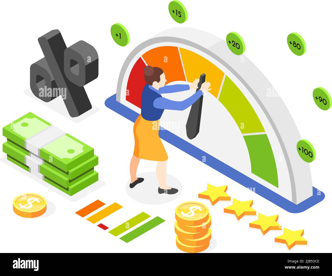 Composizione isometrica con 3D denaro donna e indicatore del punteggio di credito su sfondo bianco illustrazione vettoriale Illustrazione Vettoriale