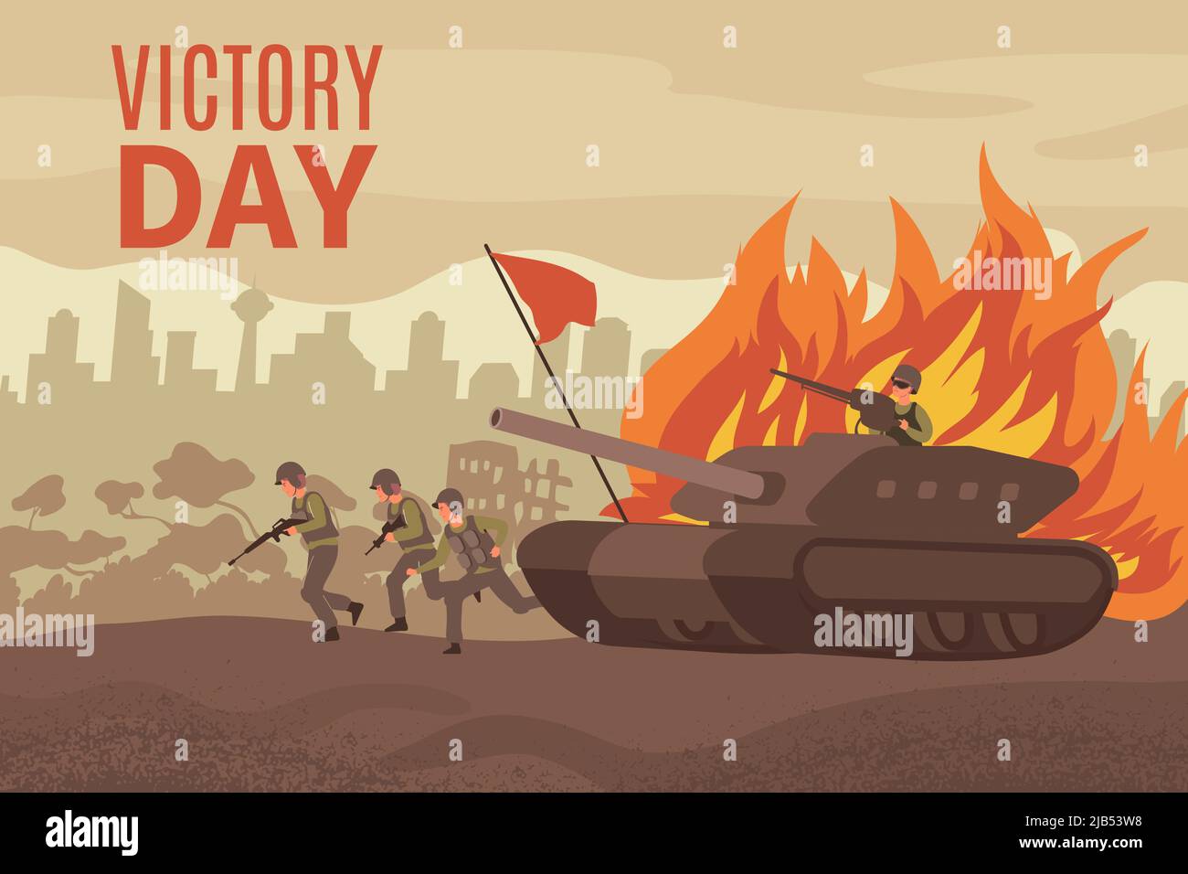 La carta giorno della vittoria con l'esercito cavalca un carro armato attraverso un'illustrazione vettoriale della città rovinata Illustrazione Vettoriale