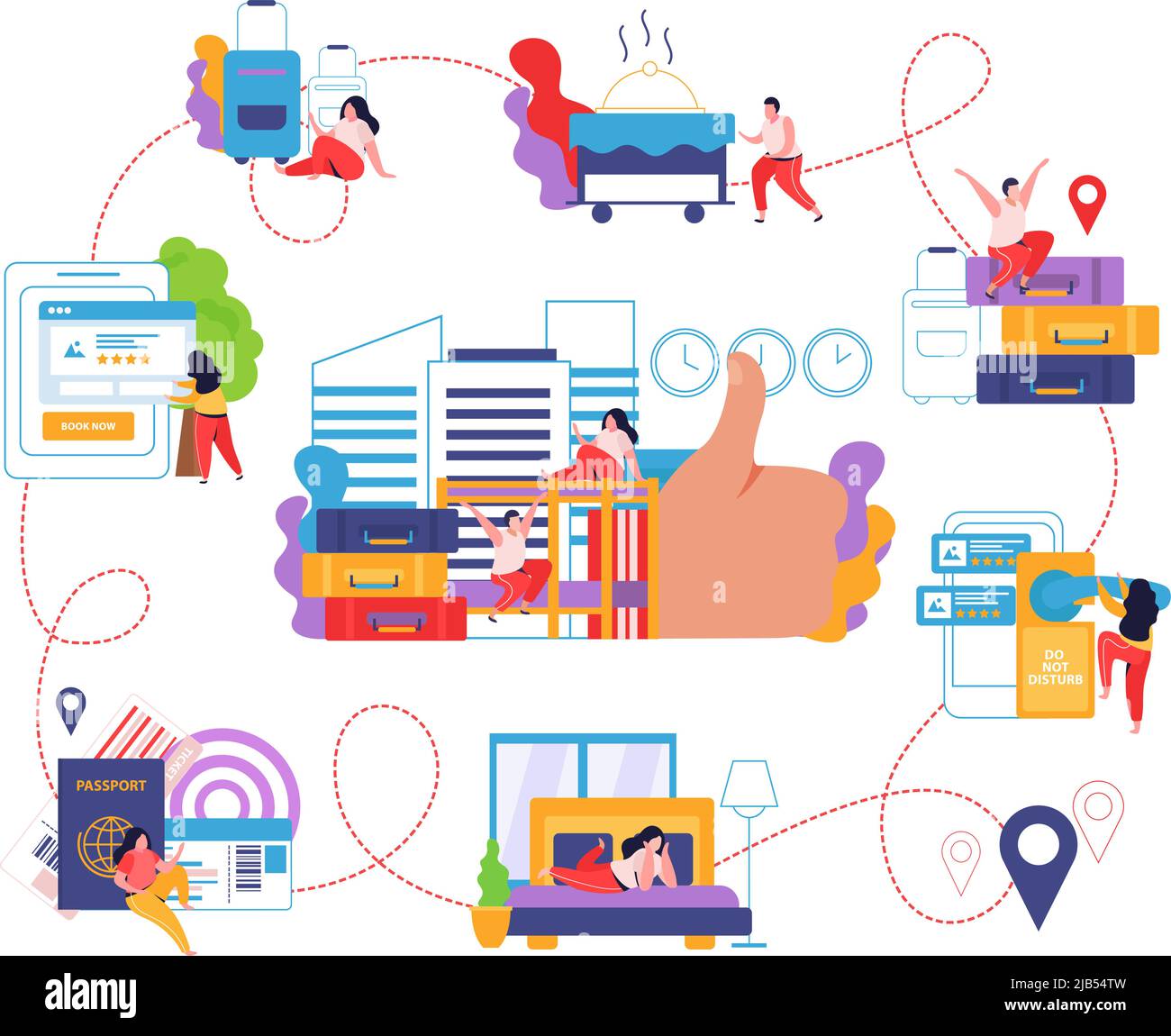 Hostel e turisti flat infographics con la gente che pianifica la posizione di viaggio marcatori sulla mappa e viaggiatori check-in presso l'illustrazione vettoriale hotel Illustrazione Vettoriale