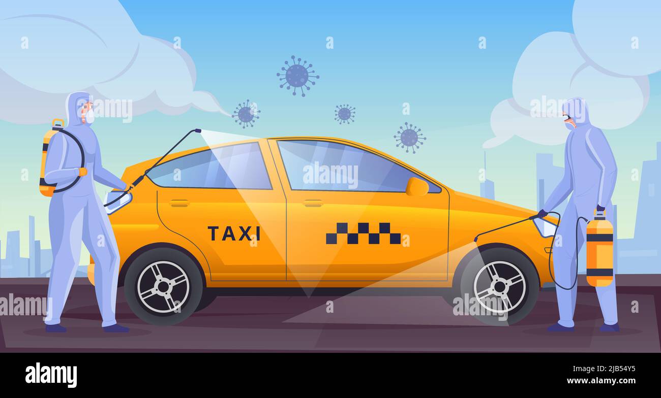 Persone mascherate che disinfettano il giallo taxi auto flat vettore illustrazione Illustrazione Vettoriale