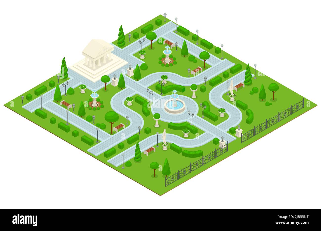 Colorato paesaggio isometrico design parco composizione con un piccolo parco con un edificio architettonico e sentieri di prato e alberi verdi vettore illustra Illustrazione Vettoriale