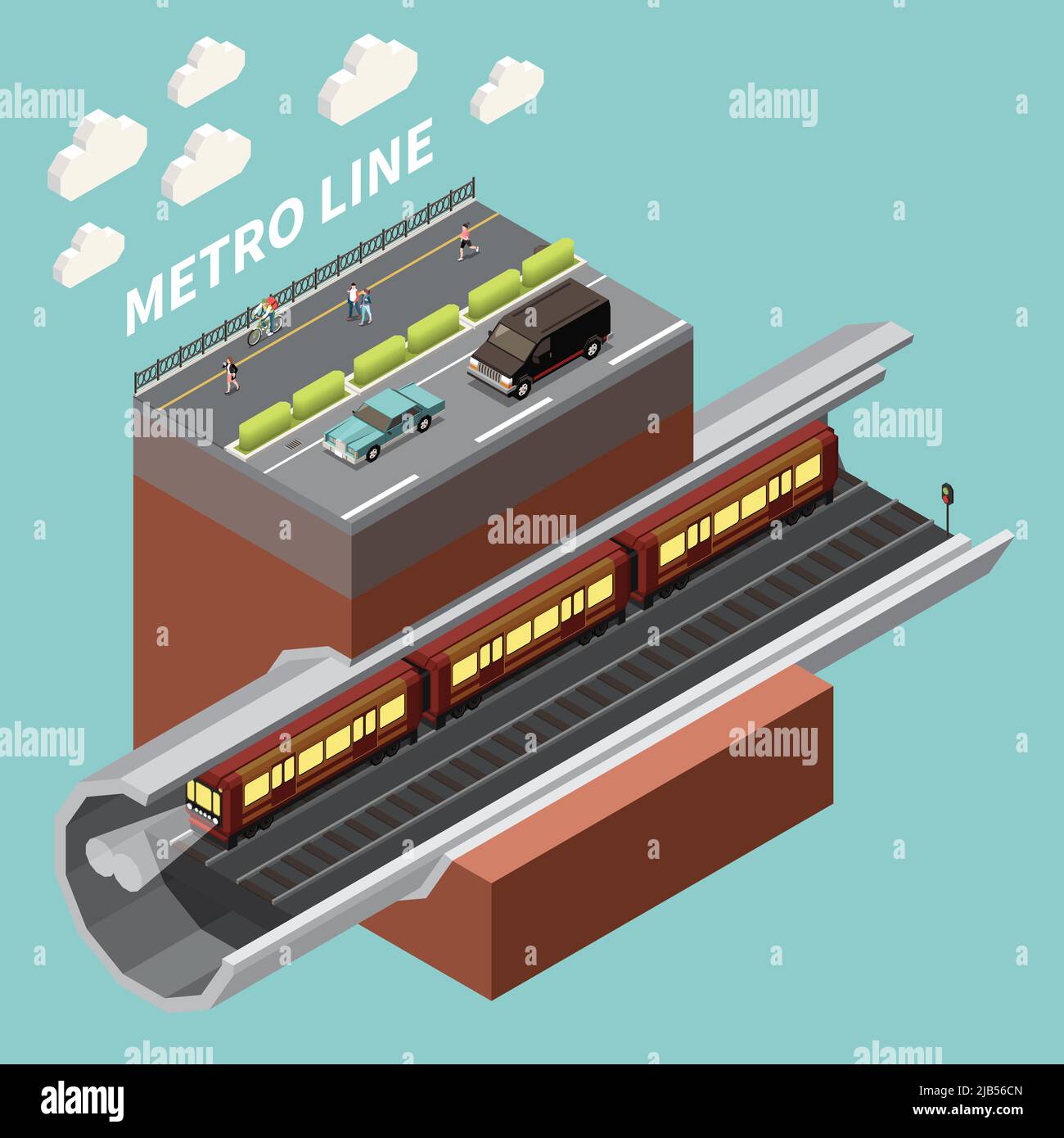 Rete di infrastrutture urbane elemento isometrico con metropolitana linea metropolitana tunnel e città strada sopra illustrazione vettoriale Illustrazione Vettoriale