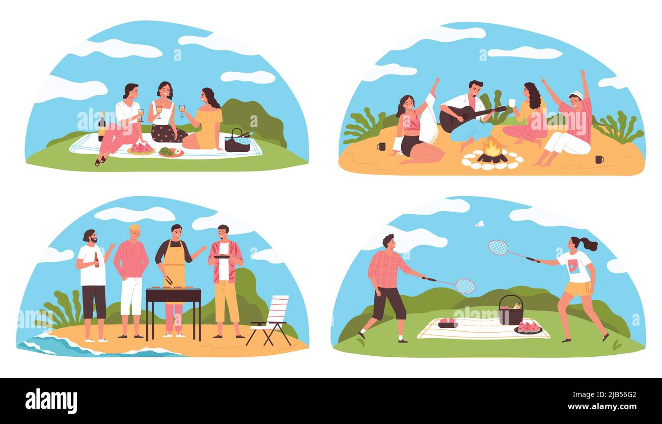 Set piatto di quattro composizioni colorate con persone che hanno barbecue e pic-nic all'aperto isolato vettore illustrazione Illustrazione Vettoriale