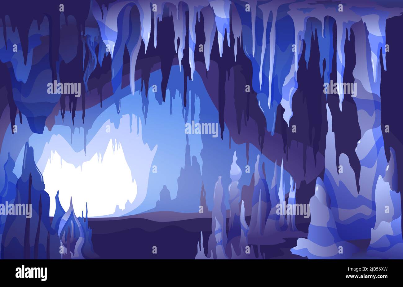 Vista interna dell'ingresso della grotta con spettacolari formazioni di stalattiti e stalagmiti in un'illustrazione vettoriale di colore grigio blu Illustrazione Vettoriale