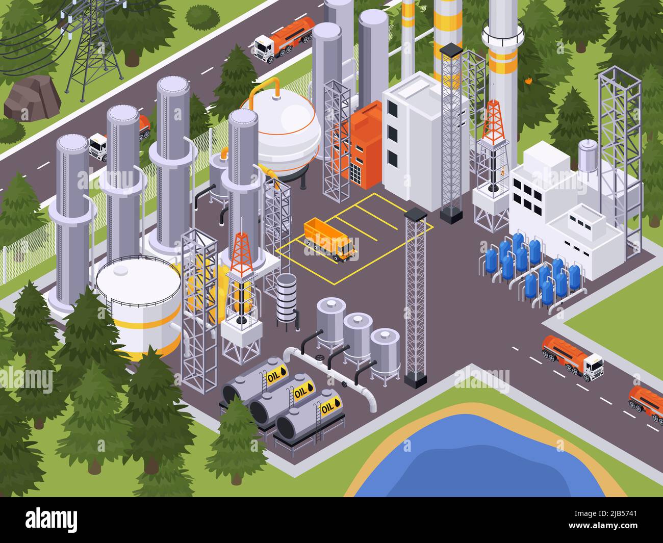 Composizione isometrica dell'industria petrolifera in vista del sito della fabbrica di lavorazione dell'olio con illustrazione vettoriale di edifici e impianti Illustrazione Vettoriale