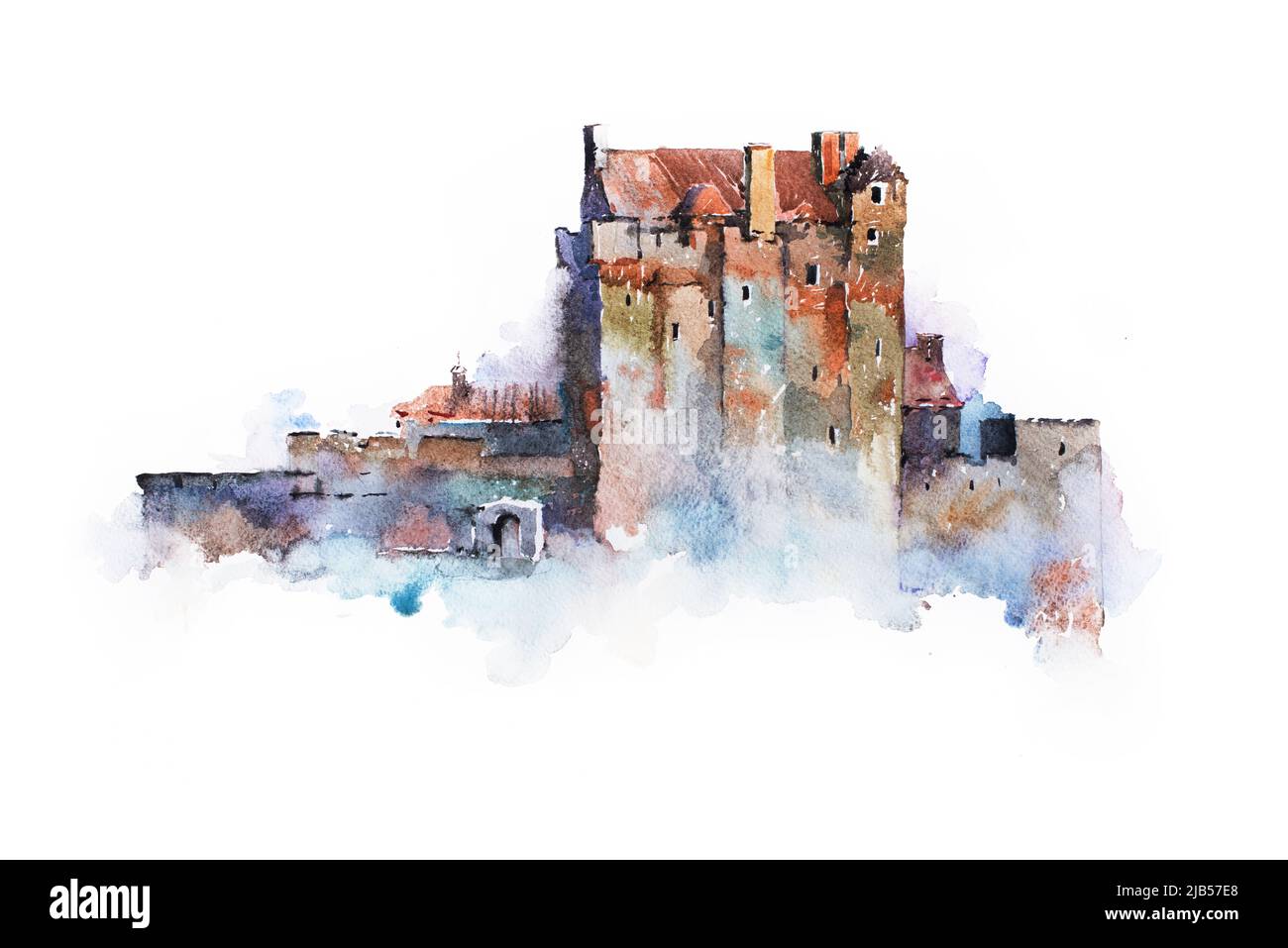 Disegno acquerello del Castello di Eilean Donan in Scozia. Foto Stock