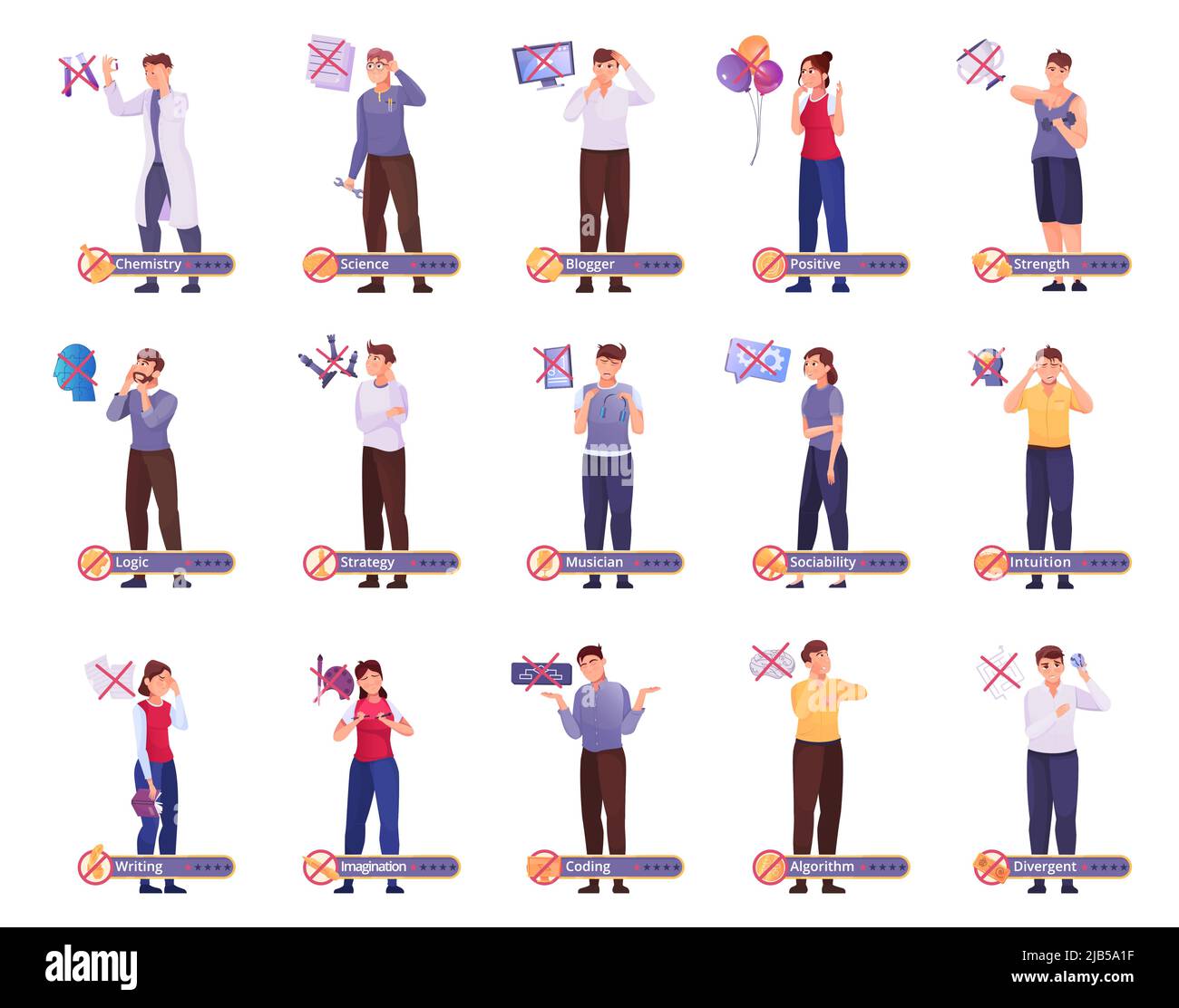 Malattia mentale piatto insieme di persone di occupazione diversa che sperimentano stati negativi e depressivi isolato illustrazione vettoriale Illustrazione Vettoriale