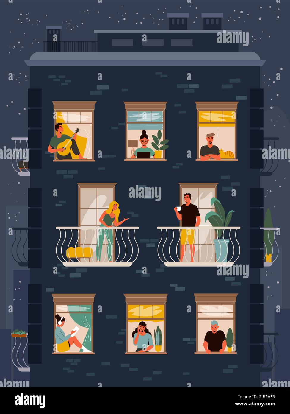 Facciata della casa con i vicini in finestre che chiacchierano e fanno diverse attività con cielo stellato notte sullo sfondo piano vettore illustrazione Illustrazione Vettoriale