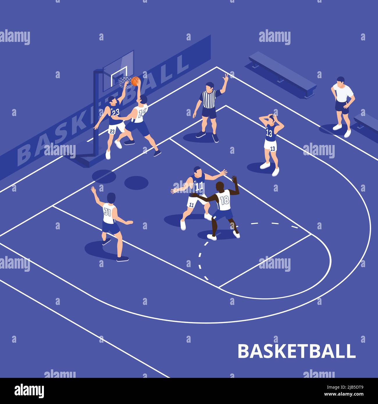 Composizione isometrica basket con testo e vista del legno duro blu con i giocatori che saltano in corsa durante l'illustrazione vettoriale del gioco Illustrazione Vettoriale
