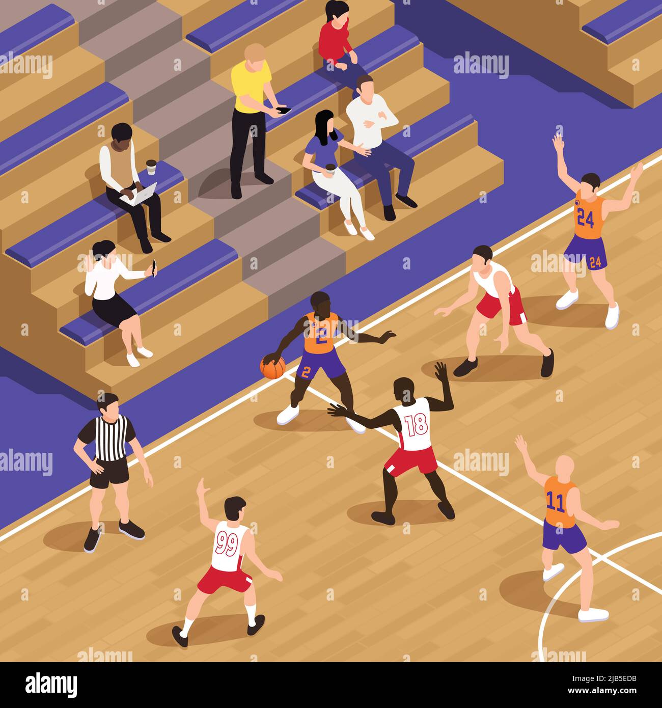 Composizione isometrica di basket con scenario di campo interno con persone sedute che guardano la partita e giocano i membri della squadra illustrazione vettoriale Illustrazione Vettoriale