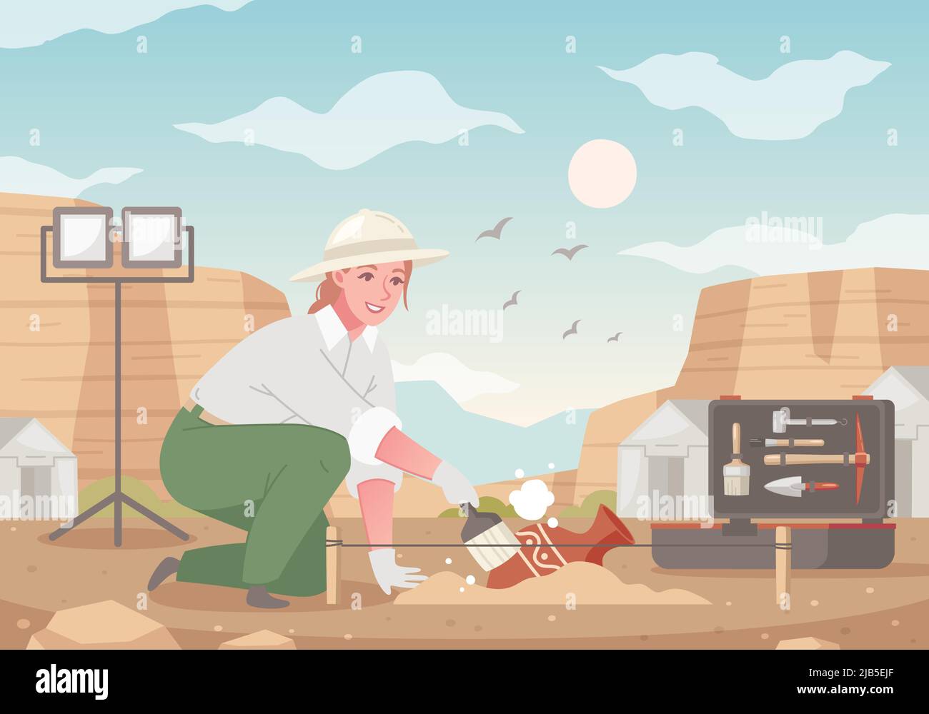 Archeologia cartoon composizione con vista del sito archeologico attrezzature e femminile lavoratore appena trovato antica vaso illustrazione vettoriale Illustrazione Vettoriale