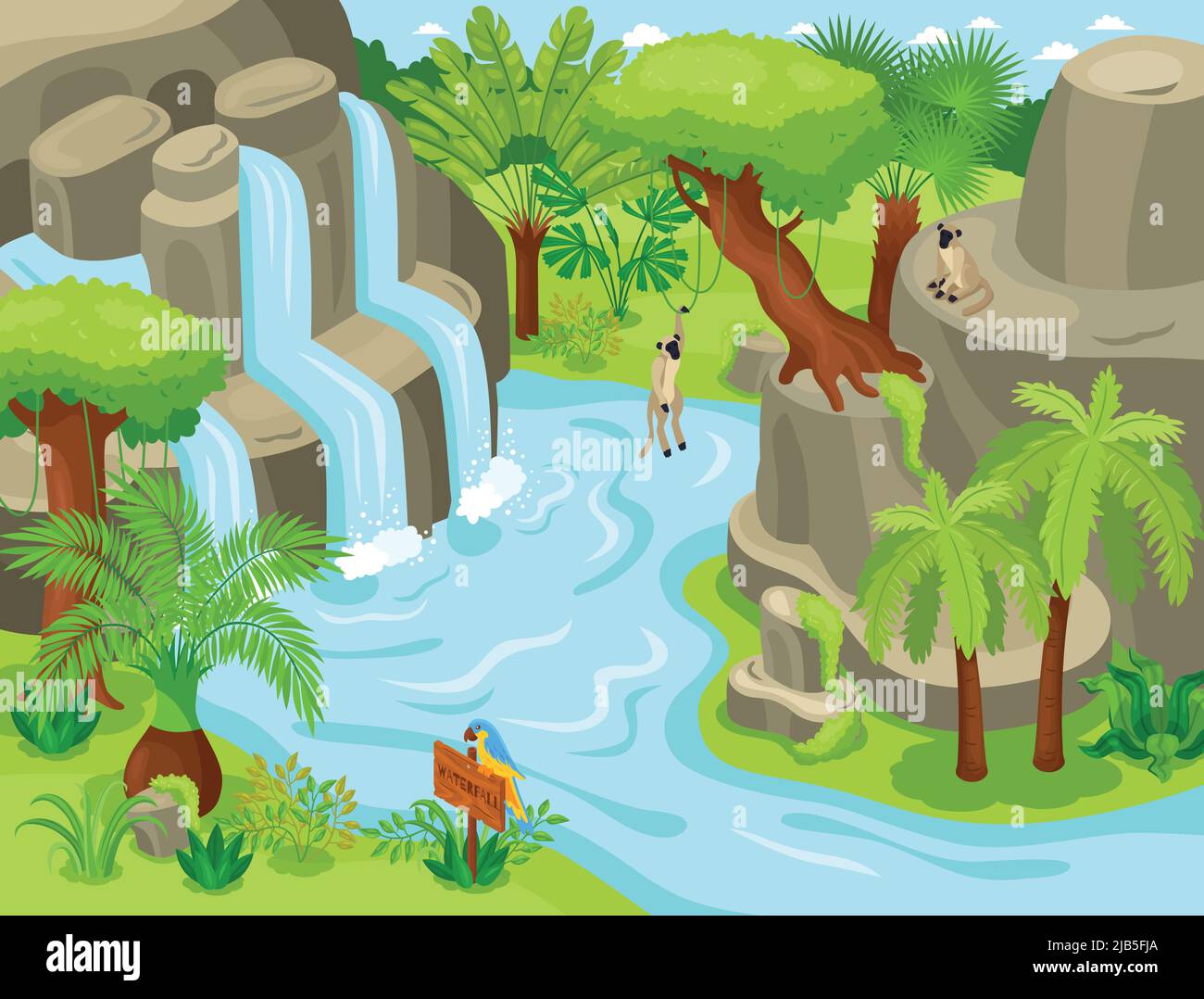 Composizione animale della giungla isometrica con paesaggio tropicale selvaggio cascata alberi esotici e scimmie appese sugli arrampicatori illustrazione vettoriale Illustrazione Vettoriale