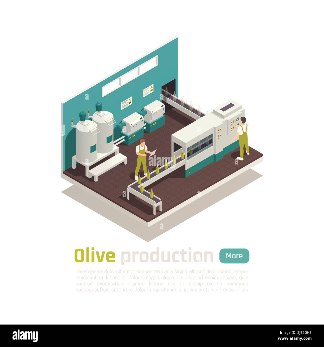 Impianto di produzione di olio d'oliva composizione isometrica con riempitrice di bottiglie linea automatizzata con disegno vettoriale a nastro trasportatore Illustrazione Vettoriale