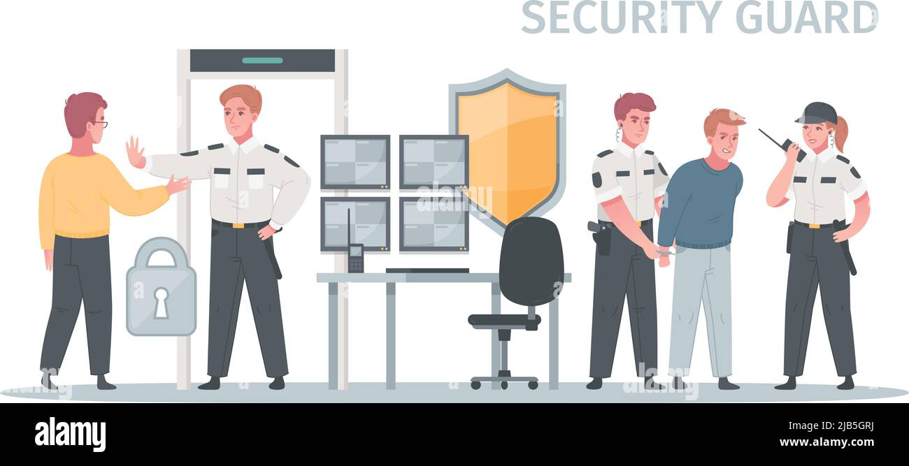 Composizione cartoon del servizio di guardia di sicurezza in vista del divieto di ingresso e arresto di illustrazione vettoriale di trasgrassatore Illustrazione Vettoriale