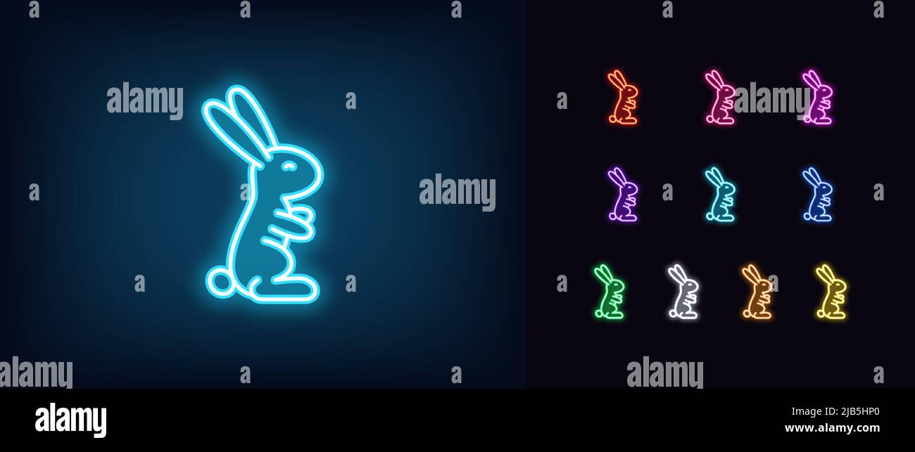 Contorno al neon leunar coniglio icona. Silhouette carina conigliata al neon, pittogramma lepre di Pasqua. Coniglio bambino, coniglietto festivo, lepre divertente per le vacanze, Mid Aut Illustrazione Vettoriale