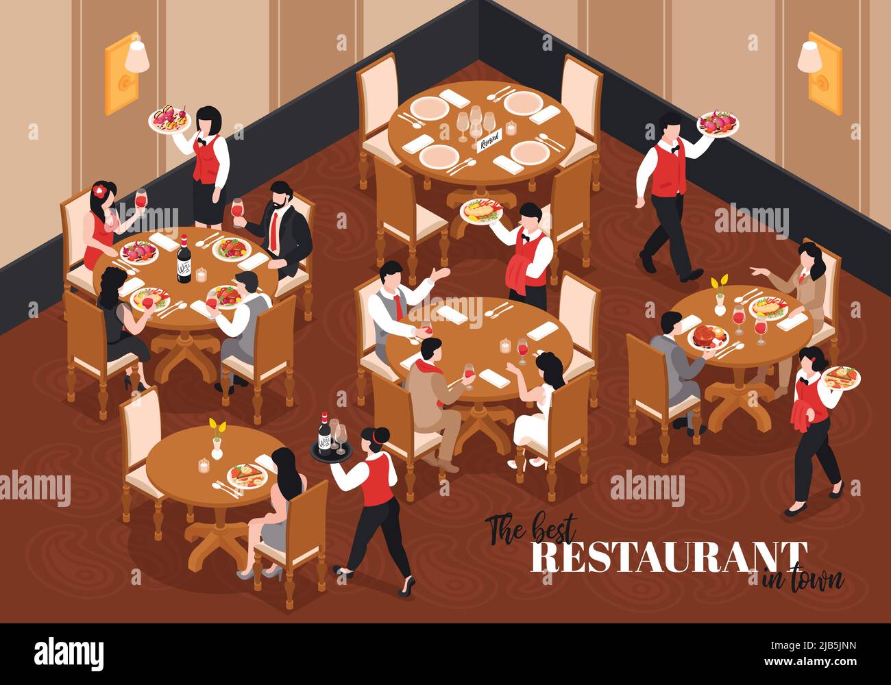 Composizione isometrica del ristorante con vista interna della lobby con tavoli rotondi e caratteri camerieri con illustrazione vettoriale di testo Illustrazione Vettoriale