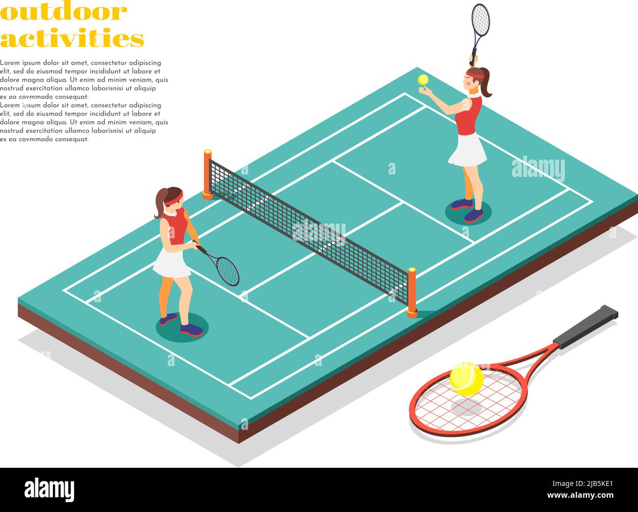 Attività all'aperto sfondo isometrico con due ragazze in costume da bagno che giocano a tennis su campo illustrazione vettoriale Illustrazione Vettoriale