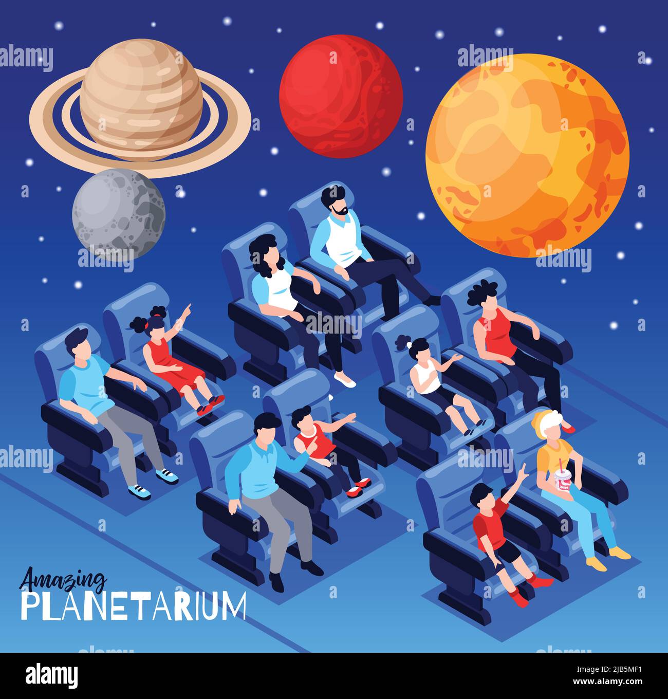 Planetarium cielo stellato spettacolo sorprendente con grande variopinto galleggiante sopra i visitatori pianeti composizione isometrica illustrazione vettoriale Illustrazione Vettoriale
