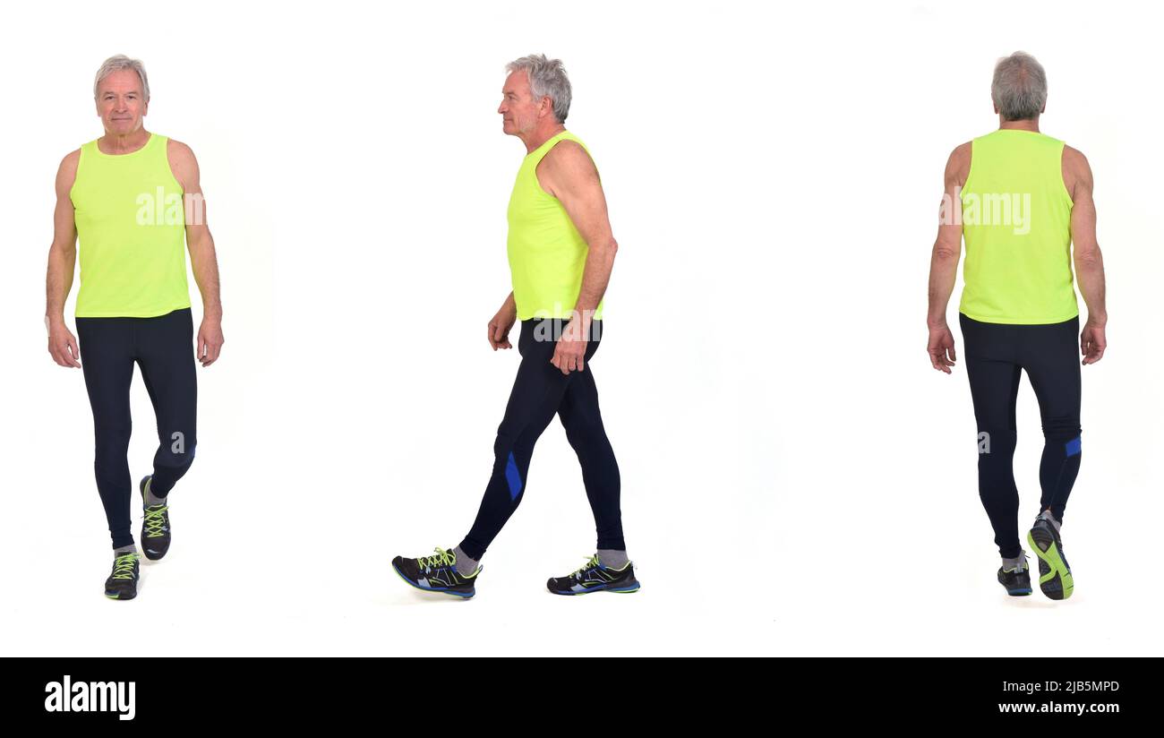vista frontale, posteriore e laterale dello stesso uomo anziano con  abbigliamento sportivo che cammina su sfondo bianco Foto stock - Alamy