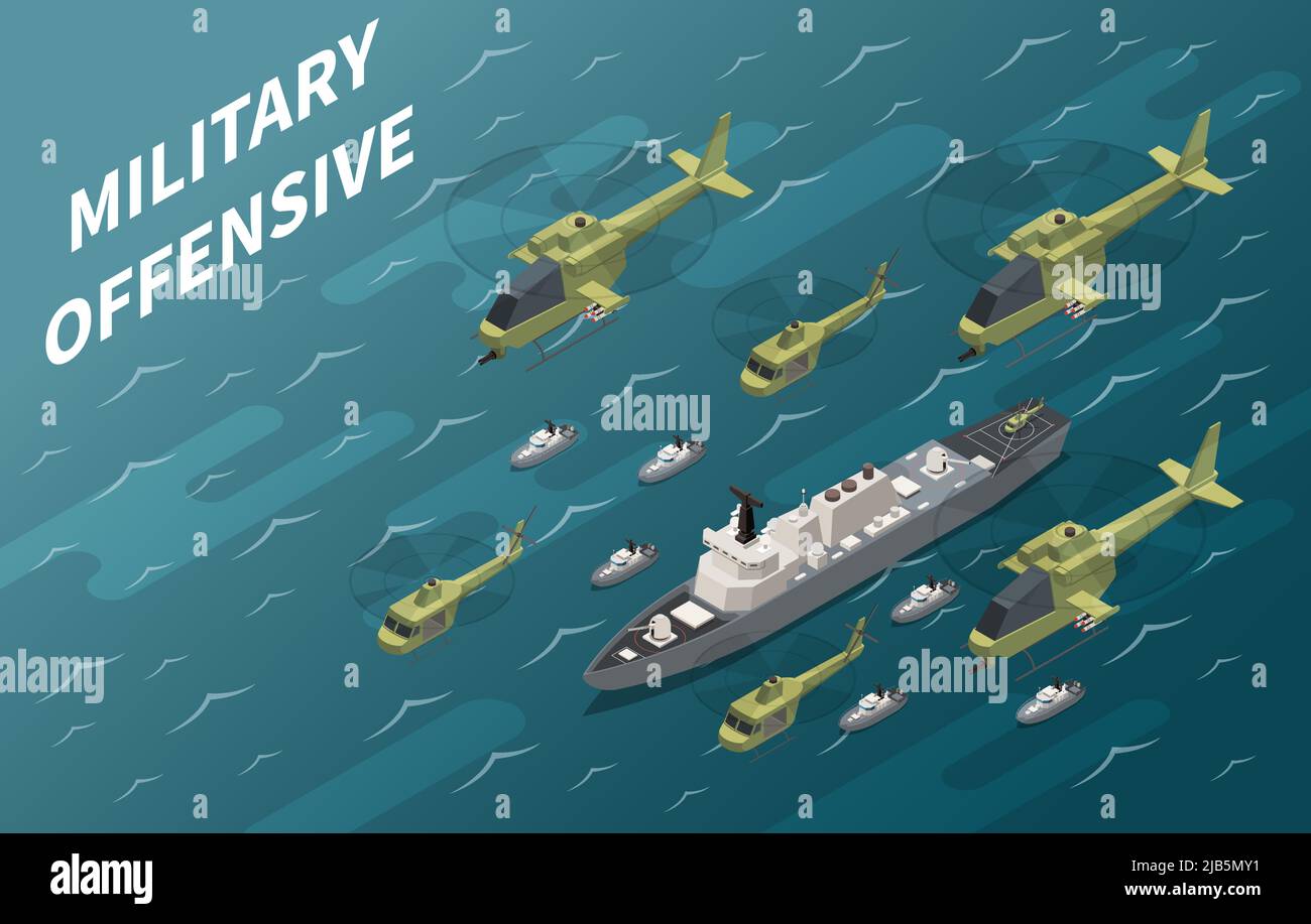 Operazioni offensive militari delle forze aeree utilizzando l'equipaggio e l'applicazione navale composizione isometrica sfondo oceano illustrazione vettoriale Illustrazione Vettoriale