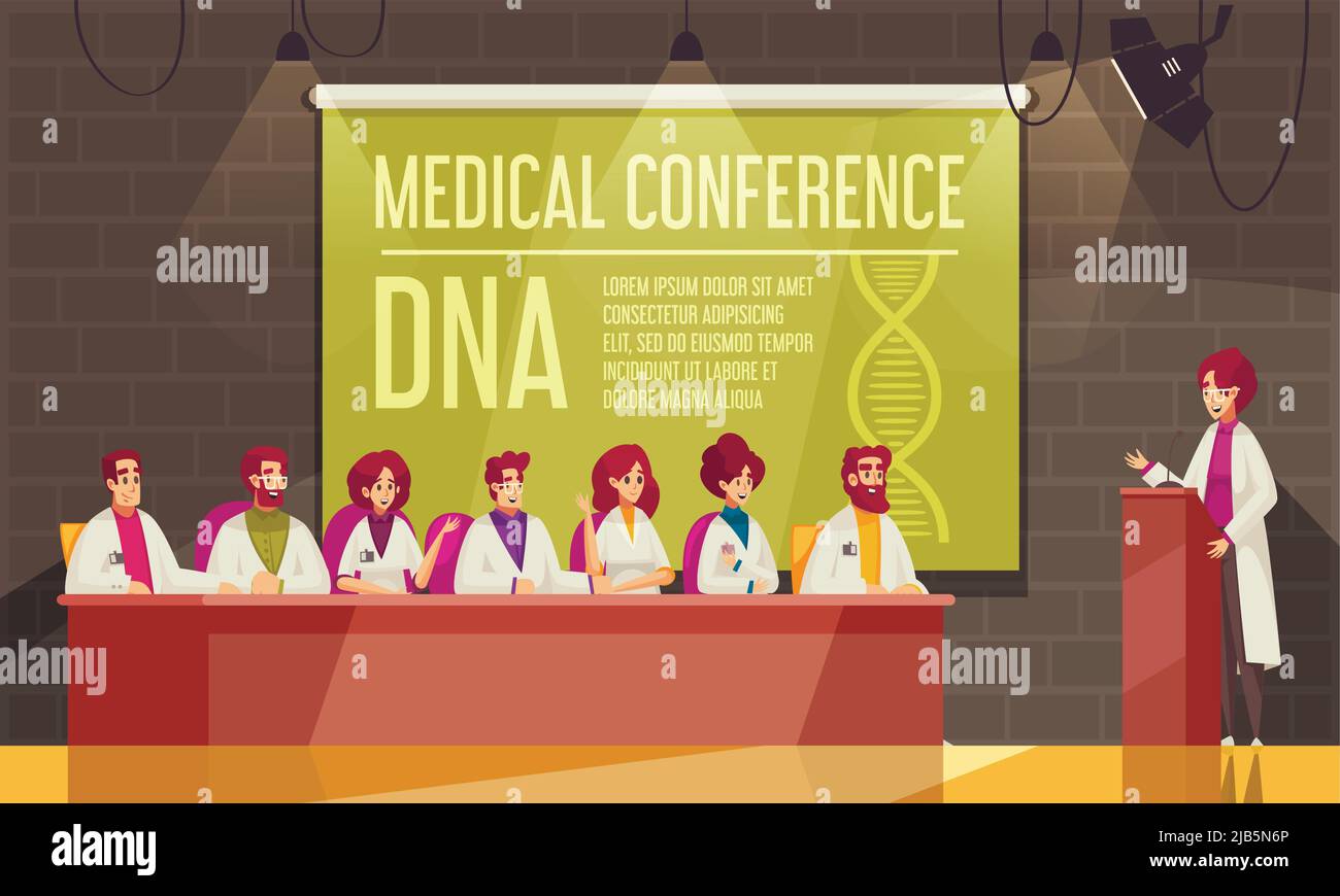 Banner colorato per conferenze mediche con altoparlante e partecipanti nella sala conferenze illustrazione vettoriale Illustrazione Vettoriale