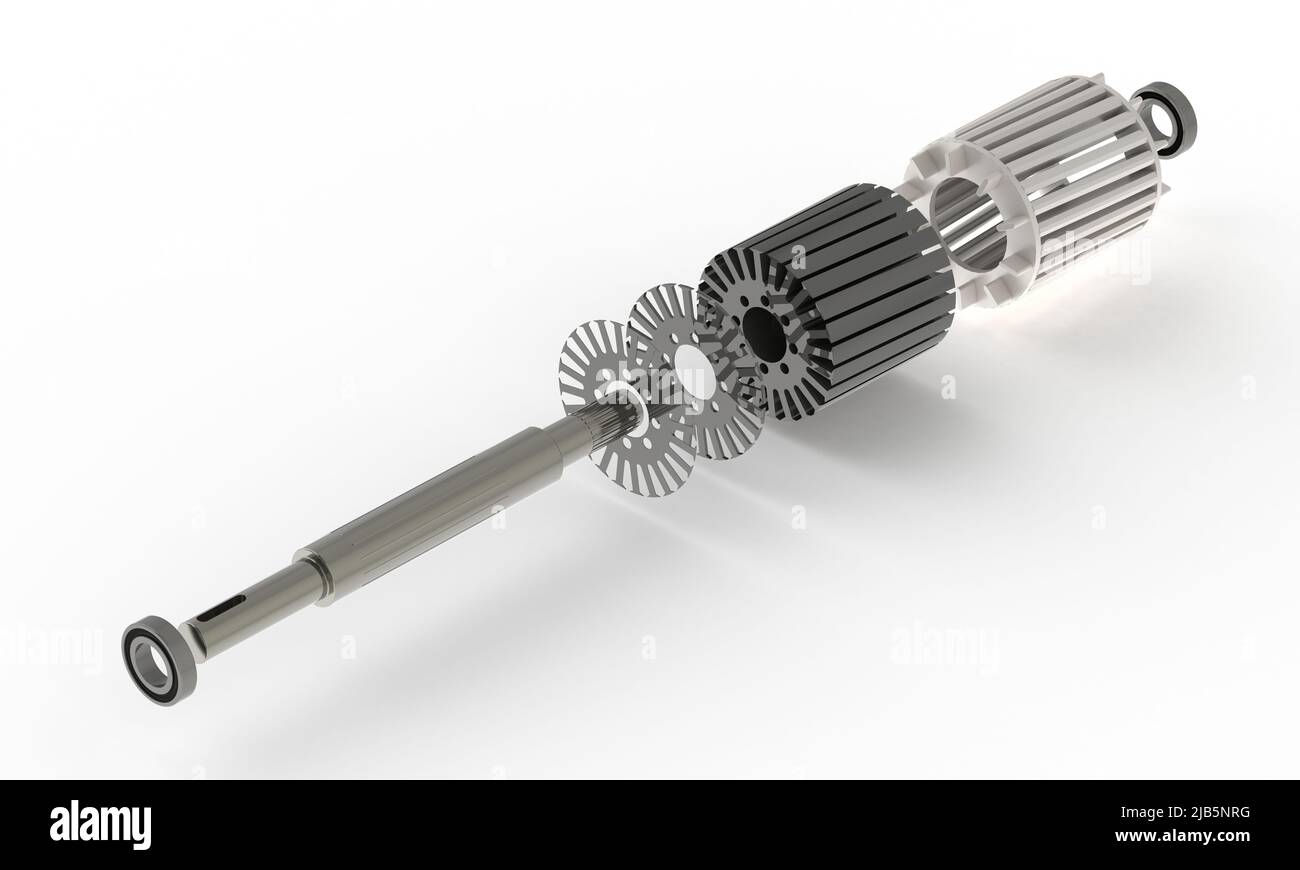 Rotore per motore asincrono, vista esplosa,illustrazione 3D Foto Stock